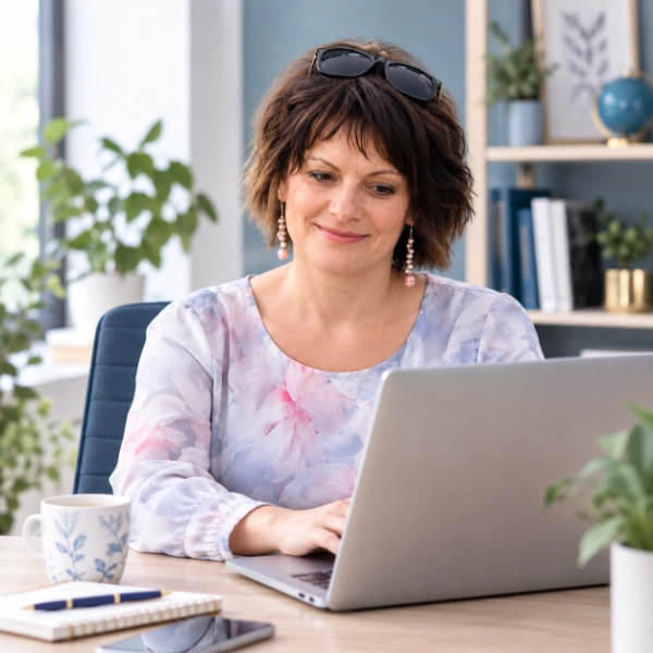 Eszter Kováts, founder of Marketingsweb, working at her laptop